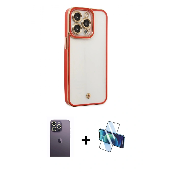 MARSİLYAN™- iPhone 13 Pro Max Kılıf Çekirdek Klasik Serisi - Siyah 3D Antistatik Cam Ekran Koruyucu + Neon Fosforlu Kamera Lens - BZ