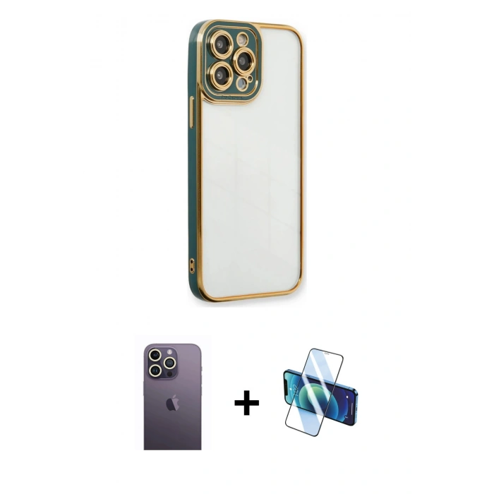 MARSİLYAN™- iPhone 13 Pro Max Kılıf Çekirdek Klasik Serisi - Siyah 3D Antistatik Cam Ekran Koruyucu + Neon Fosforlu Kamera Lens - BZ