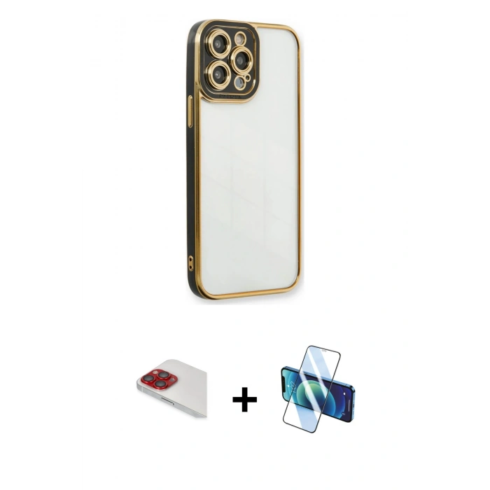 MARSİLYAN™- iPhone 13 Pro Max Kılıf Çekirdek Klasik Serisi - Siyah 3D Antistatik Cam Ekran Koruyucu + Pers Alüminyum Kamera Lens - KI