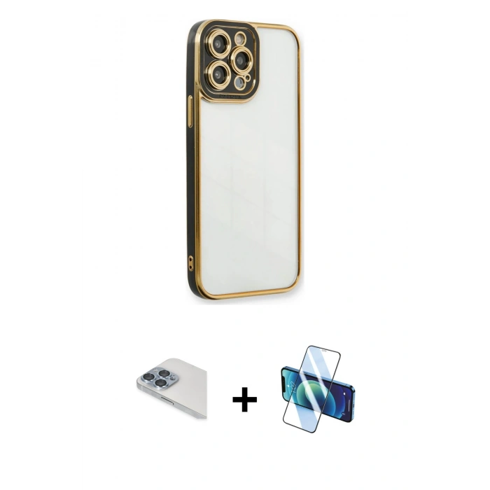 MARSİLYAN™- iPhone 13 Pro Max Kılıf Çekirdek Klasik Serisi - Siyah 3D Antistatik Cam Ekran Koruyucu + Pers Alüminyum Kamera Lens - SABE