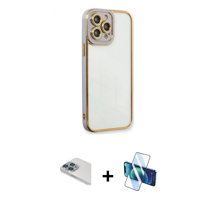 MARSİLYAN™- iPhone 13 Pro Max Kılıf Çekirdek Klasik Serisi - Siyah 3D Antistatik Cam Ekran Koruyucu + Pers Alüminyum Kamera Lens - SABE