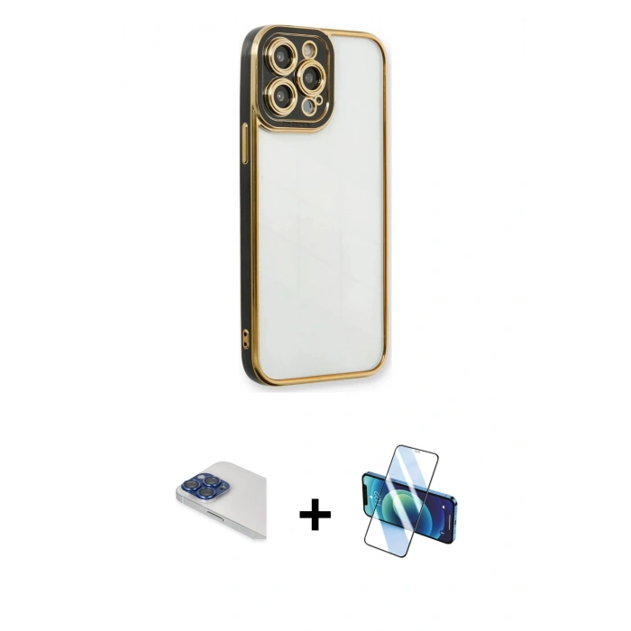 MARSİLYAN™- iPhone 13 Pro Max Kılıf Çekirdek Klasik Serisi - Siyah 3D Antistatik Cam Ekran Koruyucu + Pers Alüminyum Kamera Lens - LT