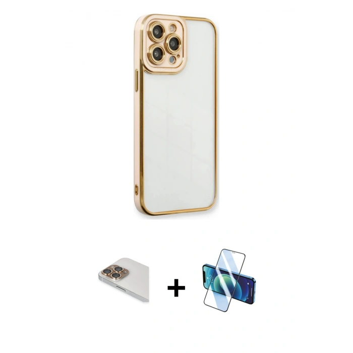 MARSİLYAN™- iPhone 13 Pro Max Kılıf Çekirdek Klasik Serisi - Siyah 3D Antistatik Cam Ekran Koruyucu + Pers Alüminyum Kamera Lens - GD