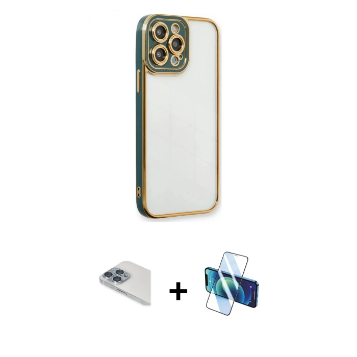 MARSİLYAN™- iPhone 13 Pro Max Kılıf Çekirdek Klasik Serisi - Siyah 3D Antistatik Cam Ekran Koruyucu + Pers Alüminyum Kamera Lens - SABE