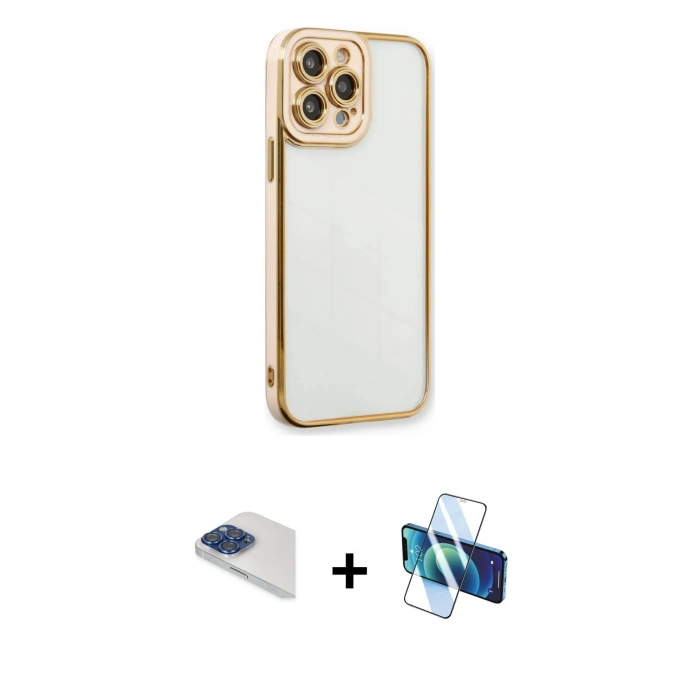 MARSİLYAN™- iPhone 13 Pro Max Kılıf Çekirdek Klasik Serisi - Siyah 3D Antistatik Cam Ekran Koruyucu + Pers Alüminyum Kamera Lens - LT