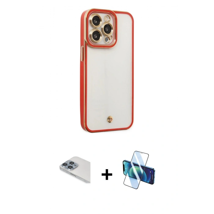 MARSİLYAN™- iPhone 13 Pro Max Kılıf Çekirdek Klasik Serisi - Siyah 3D Antistatik Cam Ekran Koruyucu + Pers Alüminyum Kamera Lens - SABE