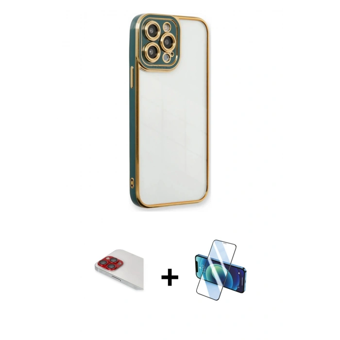 MARSİLYAN™- iPhone 13 Pro Max Kılıf Çekirdek Klasik Serisi - Siyah 3D Antistatik Cam Ekran Koruyucu + Pers Alüminyum Kamera Lens - KI