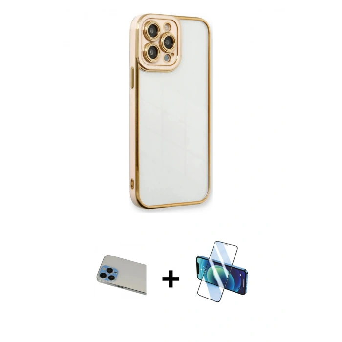 MARSİLYAN™- iPhone 13 Pro Max Kılıf Çekirdek Klasik Serisi - Siyah 3D Antistatik Cam Ekran Koruyucu + Rainbow Kamera Lens Koruma Cam - MI