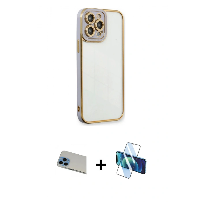 MARSİLYAN™- iPhone 13 Pro Max Kılıf Çekirdek Klasik Serisi - Siyah 3D Antistatik Cam Ekran Koruyucu + Rainbow Kamera Lens Koruma Cam - MI
