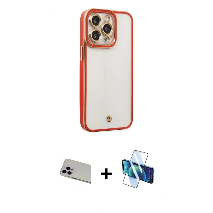 MARSİLYAN™- iPhone 13 Pro Max Kılıf Çekirdek Klasik Serisi - Siyah 3D Antistatik Cam Ekran Koruyucu + Rainbow Kamera Lens Koruma Cam - MR