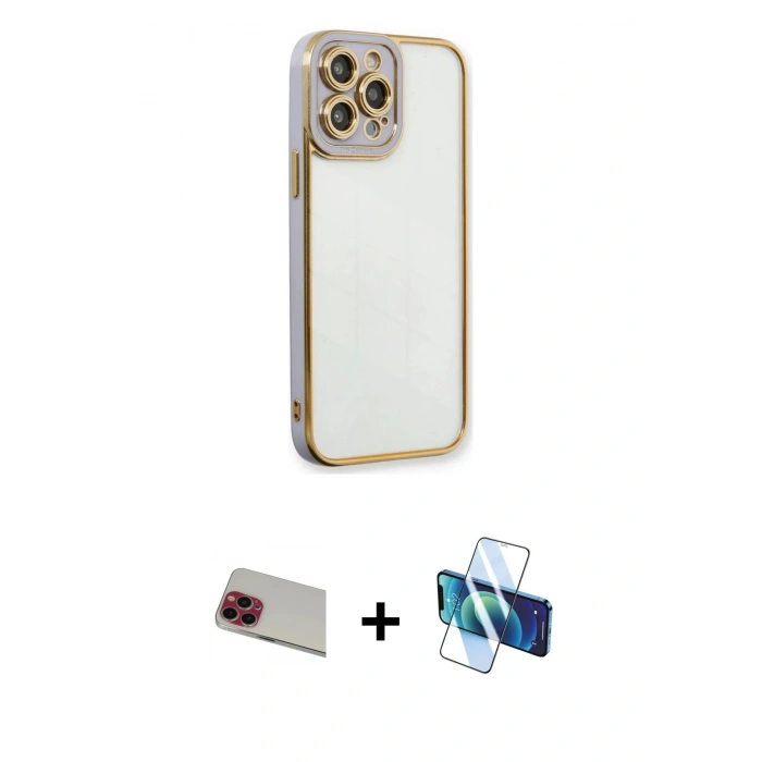 MARSİLYAN™- iPhone 13 Pro Max Kılıf Çekirdek Klasik Serisi - Siyah 3D Antistatik Cam Ekran Koruyucu + Rainbow Kamera Lens Koruma Cam - KI