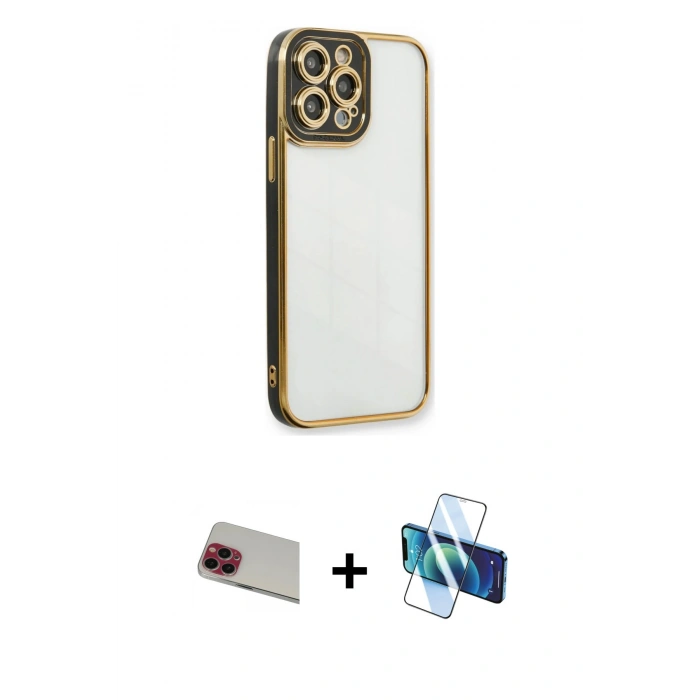 MARSİLYAN™- iPhone 13 Pro Max Kılıf Çekirdek Klasik Serisi - Siyah 3D Antistatik Cam Ekran Koruyucu + Rainbow Kamera Lens Koruma Cam - KI