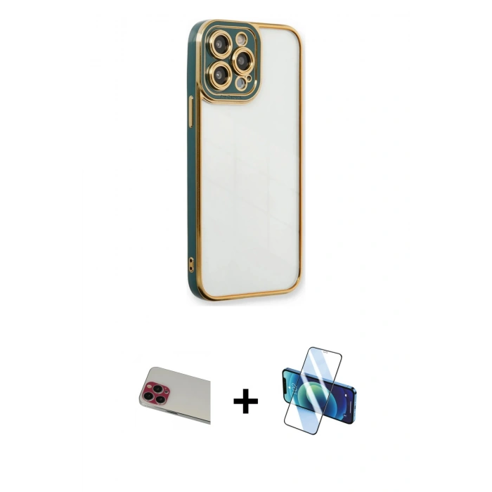 MARSİLYAN™- iPhone 13 Pro Max Kılıf Çekirdek Klasik Serisi - Siyah 3D Antistatik Cam Ekran Koruyucu + Rainbow Kamera Lens Koruma Cam - KI