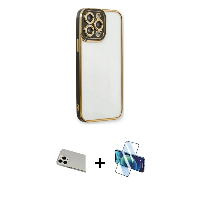 MARSİLYAN™- iPhone 13 Pro Max Kılıf Çekirdek Klasik Serisi - Siyah 3D Antistatik Cam Ekran Koruyucu + Rainbow Kamera Lens Koruma Cam - BZ