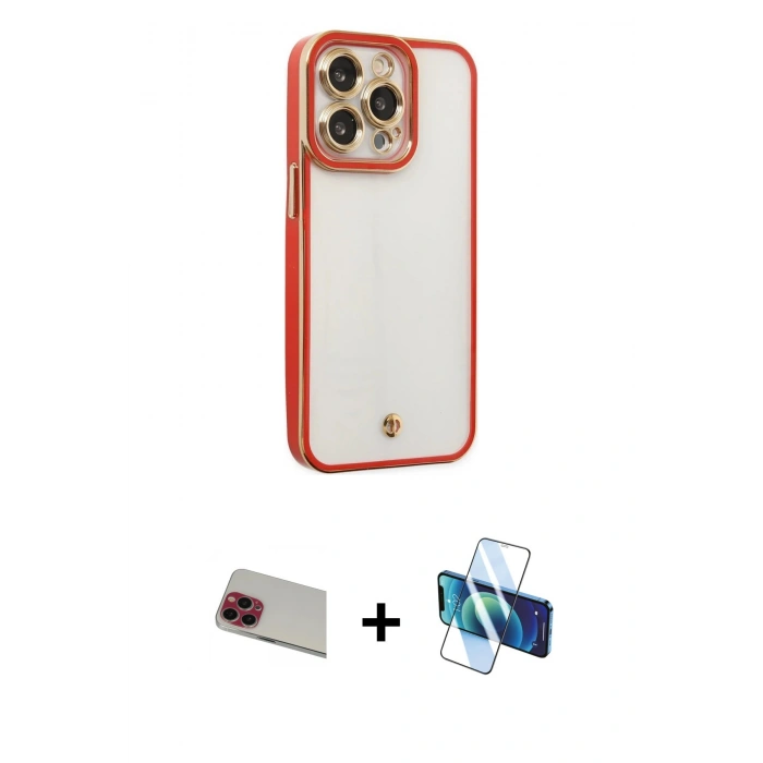 MARSİLYAN™- iPhone 13 Pro Max Kılıf Çekirdek Klasik Serisi - Siyah 3D Antistatik Cam Ekran Koruyucu + Rainbow Kamera Lens Koruma Cam - KI