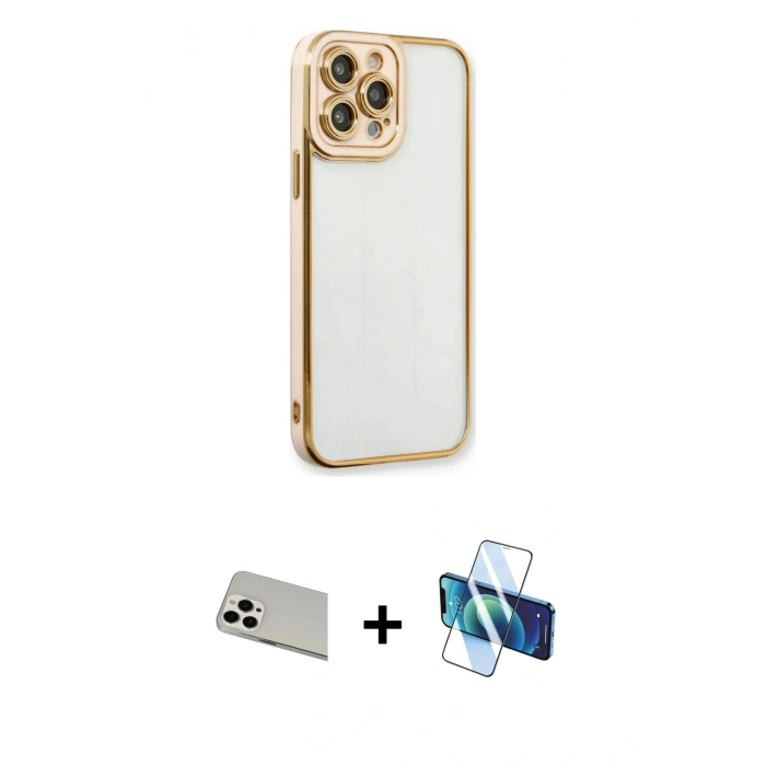 MARSİLYAN™- iPhone 13 Pro Max Kılıf Çekirdek Klasik Serisi - Siyah 3D Antistatik Cam Ekran Koruyucu + Rainbow Kamera Lens Koruma Cam - BZ
