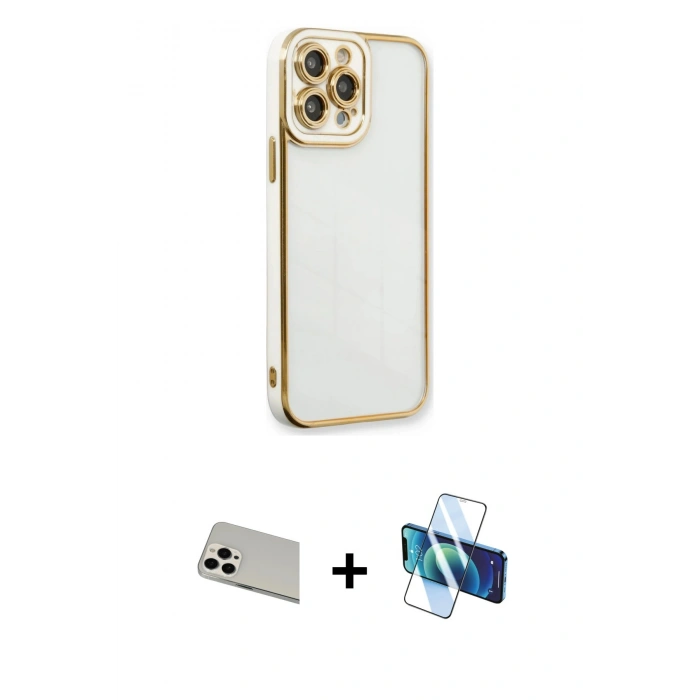 MARSİLYAN™- iPhone 13 Pro Max Kılıf Çekirdek Klasik Serisi - Siyah 3D Antistatik Cam Ekran Koruyucu + Rainbow Kamera Lens Koruma Cam - BZ