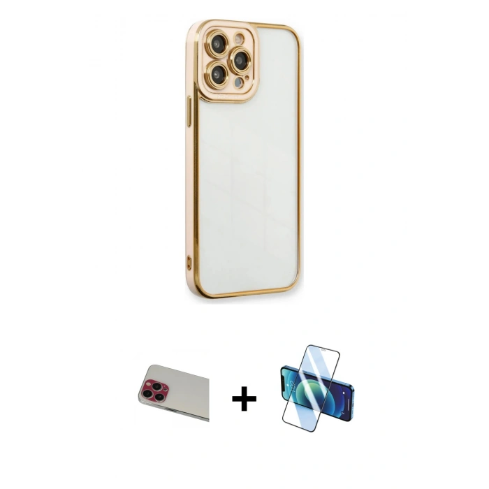 MARSİLYAN™- iPhone 13 Pro Max Kılıf Çekirdek Klasik Serisi - Siyah 3D Antistatik Cam Ekran Koruyucu + Rainbow Kamera Lens Koruma Cam - KI