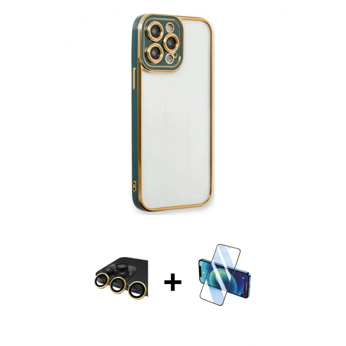MARSİLYAN™- iPhone 13 Pro Max Kılıf Çekirdek Klasik Serisi - Siyah 3D Antistatik Cam Ekran Koruyucu + Raze Metal Kamera Lens - GD