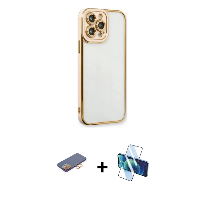 MARSİLYAN™- iPhone 13 Pro Max Kılıf Çekirdek Klasik Serisi - Siyah 3D Antistatik Cam Ekran Koruyucu + Renkli Kamera Lens Koruma Cam - TU