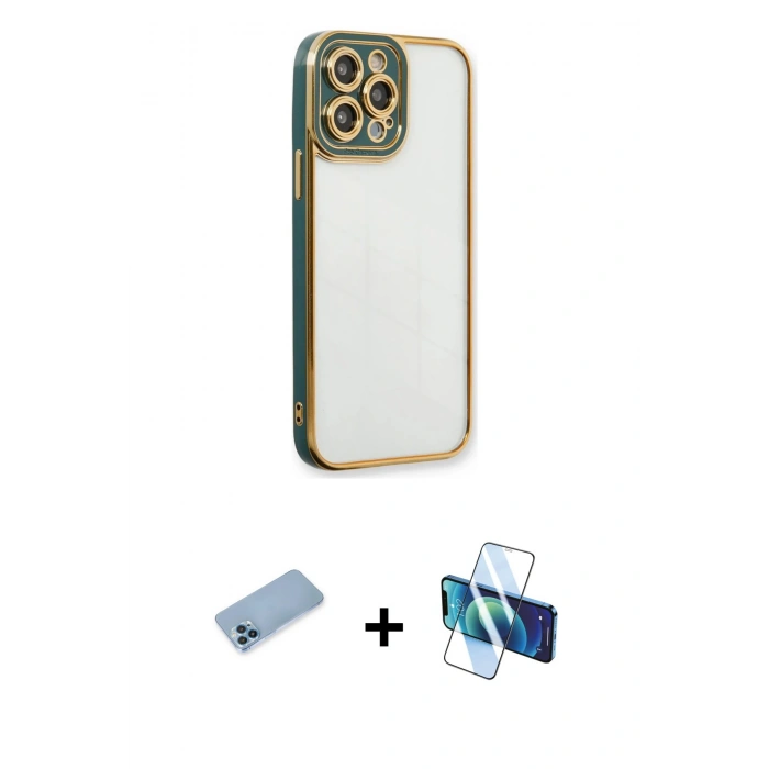 MARSİLYAN™- iPhone 13 Pro Max Kılıf Çekirdek Klasik Serisi - Siyah 3D Antistatik Cam Ekran Koruyucu + Shine Kamera Lens Koruma Cam - MI