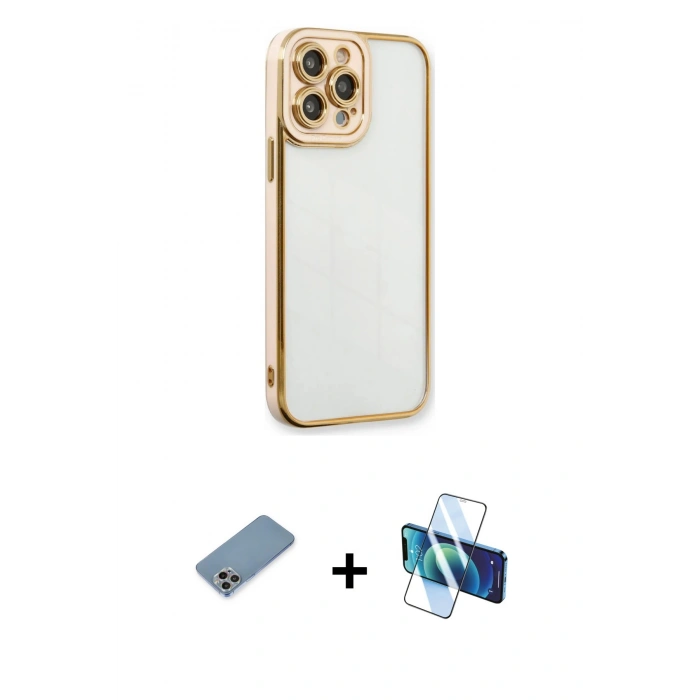 MARSİLYAN™- iPhone 13 Pro Max Kılıf Çekirdek Klasik Serisi - Siyah 3D Antistatik Cam Ekran Koruyucu + Shine Kamera Lens Koruma Cam - GI