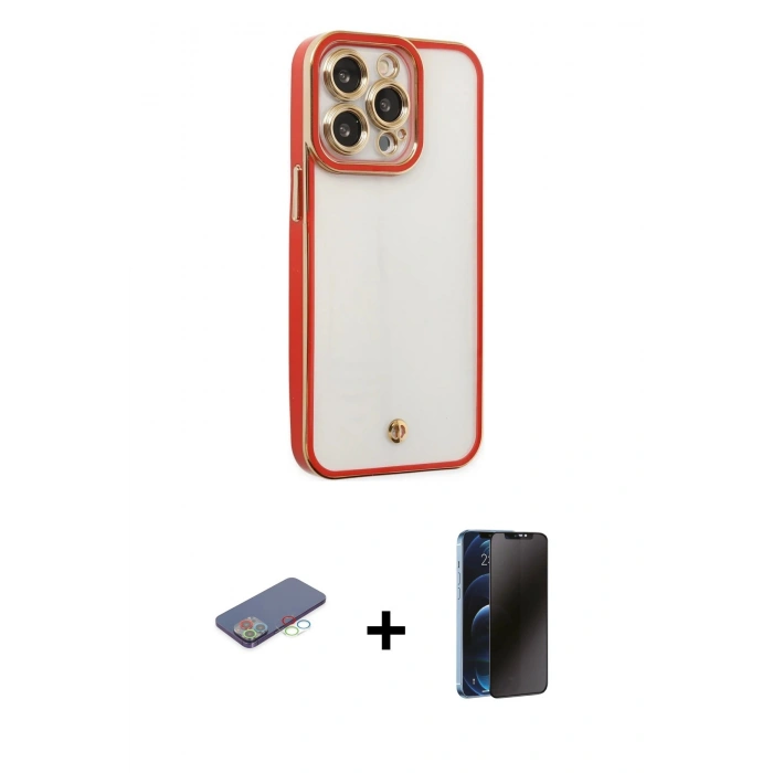 MARSİLYAN™- iPhone 13 Pro Max Kılıf Çekirdek Klasik Serisi - Siyah 3D Antistatik Hayalet Cam Ekran Koruyucu + Renkli Kamera Lens Koruma Cam - MI