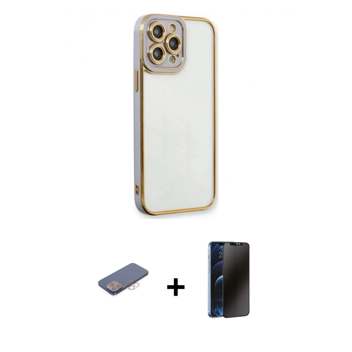 MARSİLYAN™- iPhone 13 Pro Max Kılıf Çekirdek Klasik Serisi - Siyah 3D Antistatik Hayalet Cam Ekran Koruyucu + Renkli Kamera Lens Koruma Cam - PE