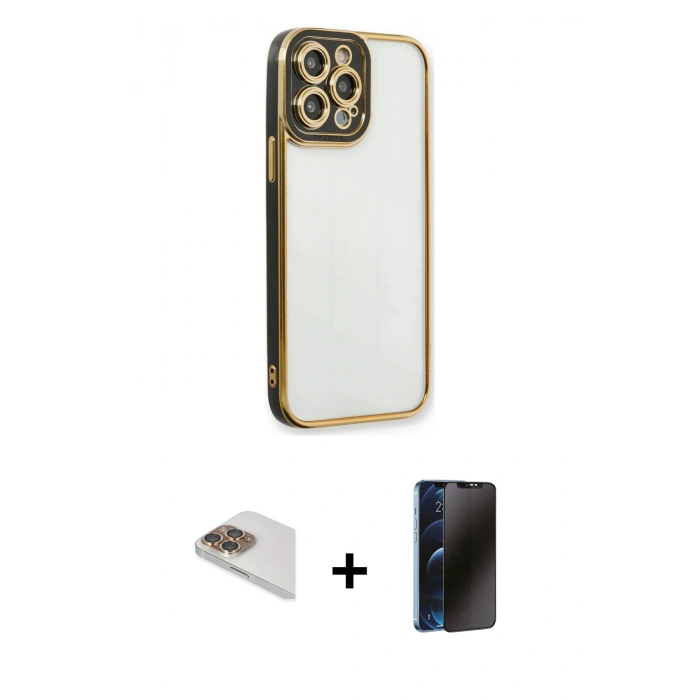 MARSİLYAN™- iPhone 13 Pro Max Kılıf Çekirdek Klasik Serisi - Siyah 3D Antistatik Hayalet Cam Ekran Koruyucu + Pers Alüminyum Kamera Lens - GD