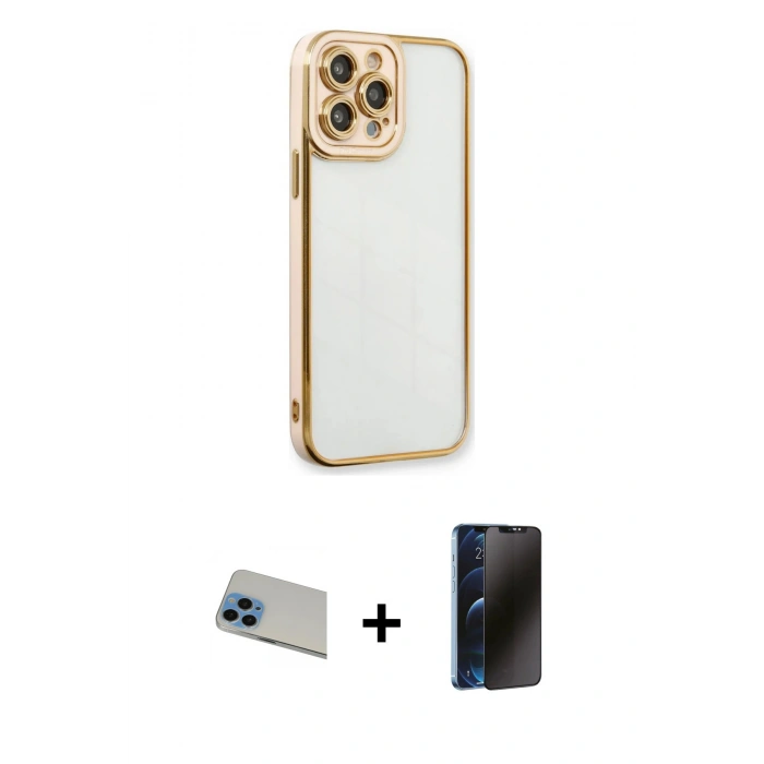 MARSİLYAN™- iPhone 13 Pro Max Kılıf Çekirdek Klasik Serisi - Siyah 3D Antistatik Hayalet Cam Ekran Koruyucu + Rainbow Kamera Lens Koruma Cam - MI