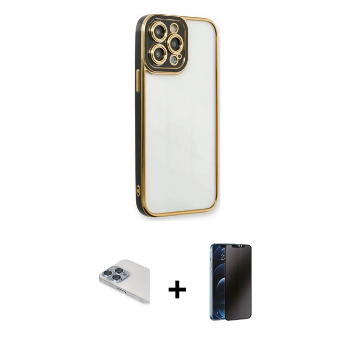 MARSİLYAN™- iPhone 13 Pro Max Kılıf Çekirdek Klasik Serisi - Siyah 3D Antistatik Hayalet Cam Ekran Koruyucu + Pers Alüminyum Kamera Lens - SABE