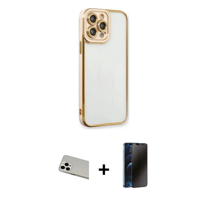 MARSİLYAN™- iPhone 13 Pro Max Kılıf Çekirdek Klasik Serisi - Siyah 3D Antistatik Hayalet Cam Ekran Koruyucu + Rainbow Kamera Lens Koruma Cam - BZ