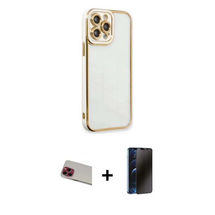 MARSİLYAN™- iPhone 13 Pro Max Kılıf Çekirdek Klasik Serisi - Siyah 3D Antistatik Hayalet Cam Ekran Koruyucu + Rainbow Kamera Lens Koruma Cam - KI