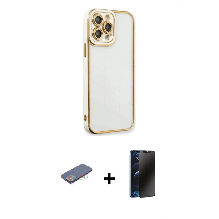 MARSİLYAN™- iPhone 13 Pro Max Kılıf Çekirdek Klasik Serisi - Siyah 3D Antistatik Hayalet Cam Ekran Koruyucu + Renkli Kamera Lens Koruma Cam - MI