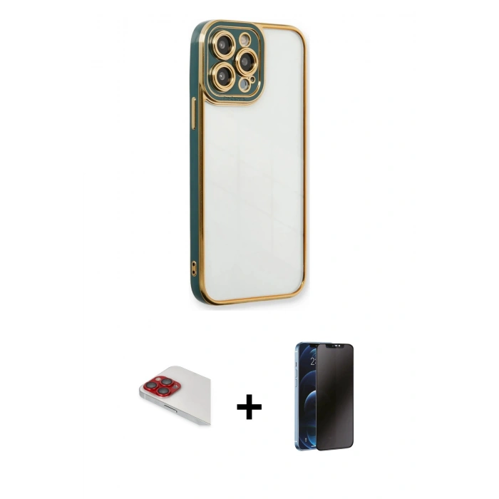 MARSİLYAN™- iPhone 13 Pro Max Kılıf Çekirdek Klasik Serisi - Siyah 3D Antistatik Hayalet Cam Ekran Koruyucu + Pers Alüminyum Kamera Lens - KI
