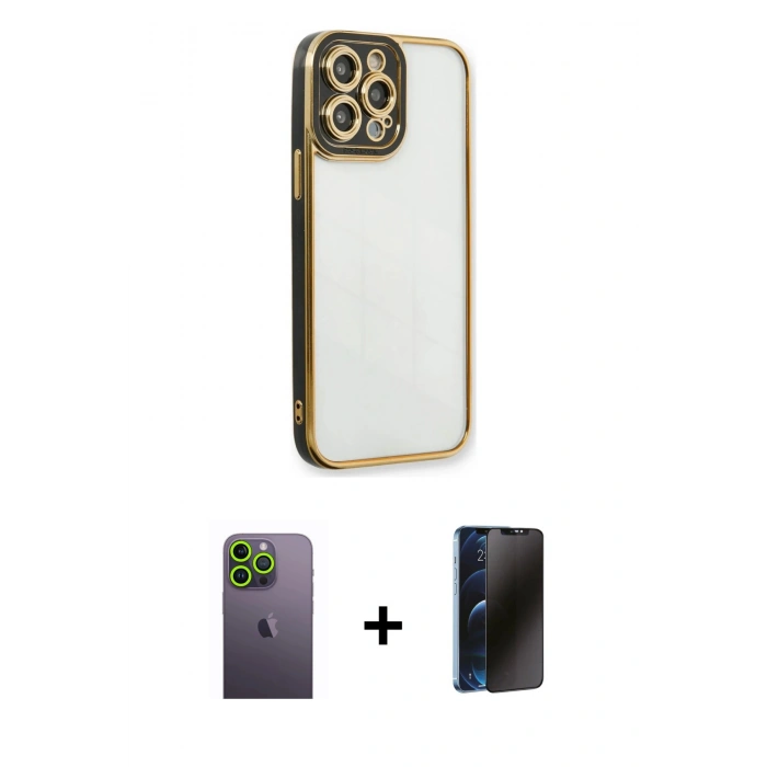 MARSİLYAN™- iPhone 13 Pro Max Kılıf Çekirdek Klasik Serisi - Siyah 3D Antistatik Hayalet Cam Ekran Koruyucu + Neon Fosforlu Kamera Lens - YL