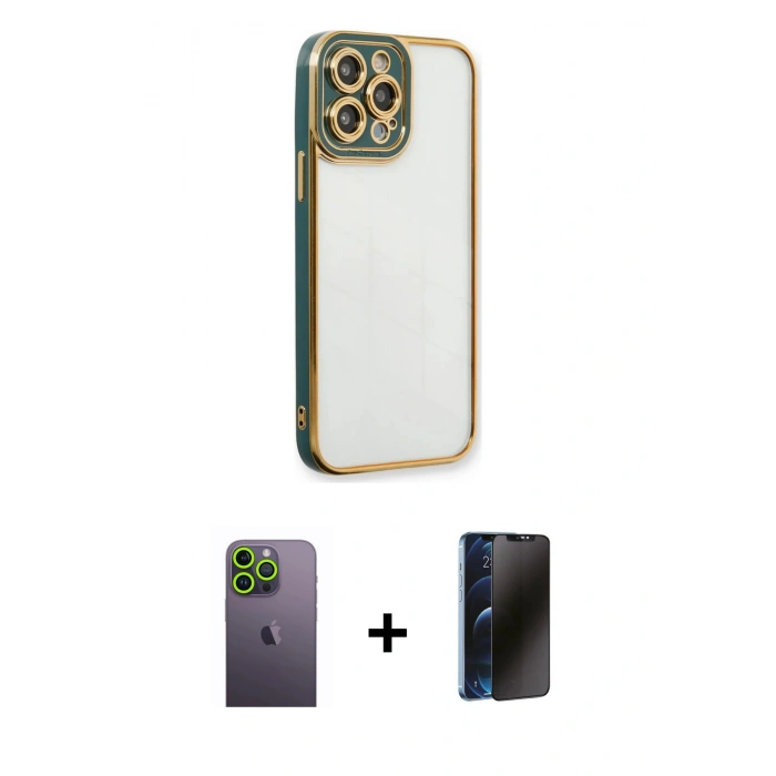 MARSİLYAN™- iPhone 13 Pro Max Kılıf Çekirdek Klasik Serisi - Siyah 3D Antistatik Hayalet Cam Ekran Koruyucu + Neon Fosforlu Kamera Lens - YL