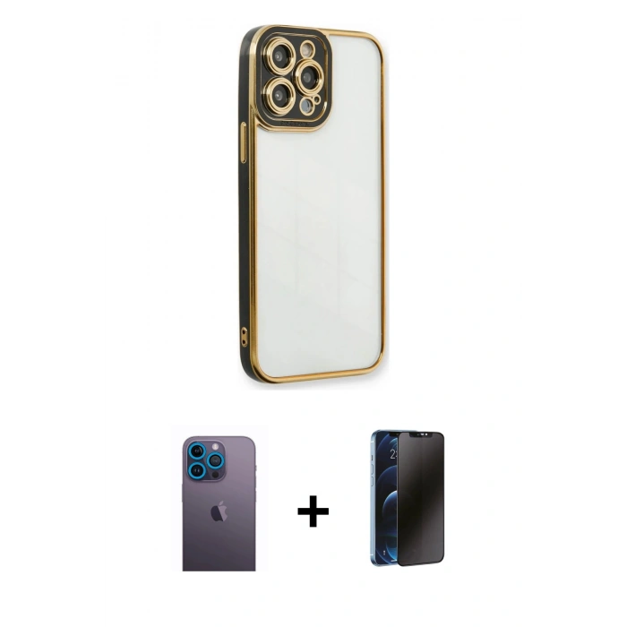 MARSİLYAN™- iPhone 13 Pro Max Kılıf Çekirdek Klasik Serisi - Siyah 3D Antistatik Hayalet Cam Ekran Koruyucu + Neon Fosforlu Kamera Lens - MI