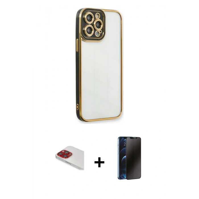 MARSİLYAN™- iPhone 13 Pro Max Kılıf Çekirdek Klasik Serisi - Siyah 3D Antistatik Hayalet Cam Ekran Koruyucu + Pers Alüminyum Kamera Lens - KI