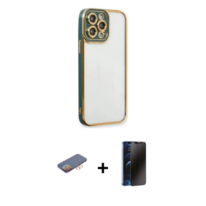 MARSİLYAN™- iPhone 13 Pro Max Kılıf Çekirdek Klasik Serisi - Siyah 3D Antistatik Hayalet Cam Ekran Koruyucu + Renkli Kamera Lens Koruma Cam - TU