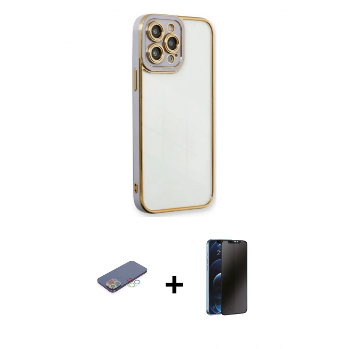 MARSİLYAN™- iPhone 13 Pro Max Kılıf Çekirdek Klasik Serisi - Siyah 3D Antistatik Hayalet Cam Ekran Koruyucu + Renkli Kamera Lens Koruma Cam - MI
