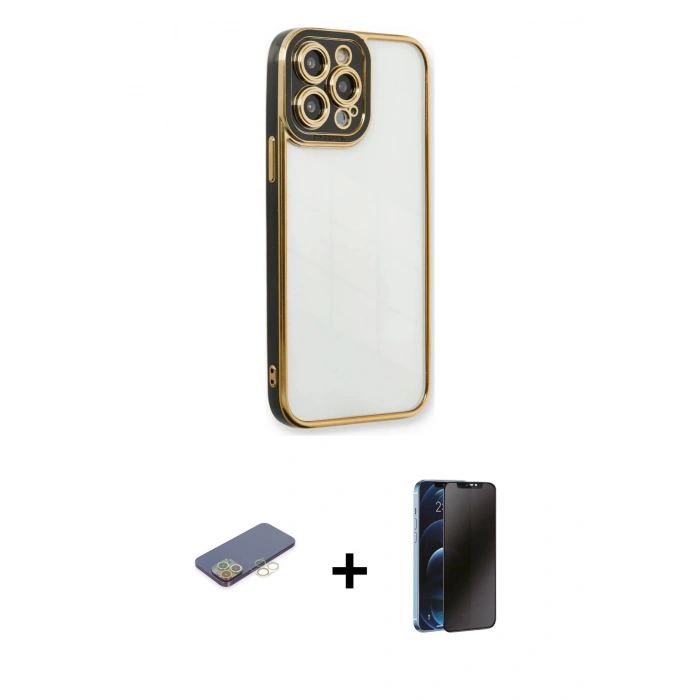 MARSİLYAN™- iPhone 13 Pro Max Kılıf Çekirdek Klasik Serisi - Siyah 3D Antistatik Hayalet Cam Ekran Koruyucu + Renkli Kamera Lens Koruma Cam - SI