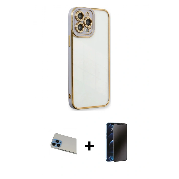 MARSİLYAN™- iPhone 13 Pro Max Kılıf Çekirdek Klasik Serisi - Siyah 3D Antistatik Hayalet Cam Ekran Koruyucu + Rainbow Kamera Lens Koruma Cam - MI