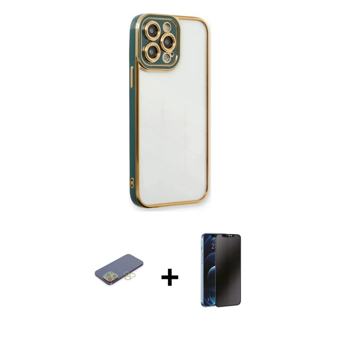MARSİLYAN™- iPhone 13 Pro Max Kılıf Çekirdek Klasik Serisi - Siyah 3D Antistatik Hayalet Cam Ekran Koruyucu + Renkli Kamera Lens Koruma Cam - SI