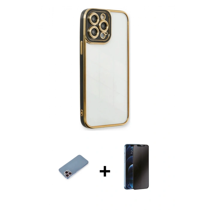 MARSİLYAN™- iPhone 13 Pro Max Kılıf Çekirdek Klasik Serisi - Siyah 3D Antistatik Hayalet Cam Ekran Koruyucu + Shine Kamera Lens Koruma Cam - PE