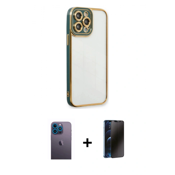 MARSİLYAN™- iPhone 13 Pro Max Kılıf Çekirdek Klasik Serisi - Siyah 3D Antistatik Hayalet Cam Ekran Koruyucu + Neon Fosforlu Kamera Lens - MI