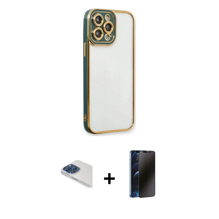 MARSİLYAN™- iPhone 13 Pro Max Kılıf Çekirdek Klasik Serisi - Siyah 3D Antistatik Hayalet Cam Ekran Koruyucu + Pers Alüminyum Kamera Lens - LT