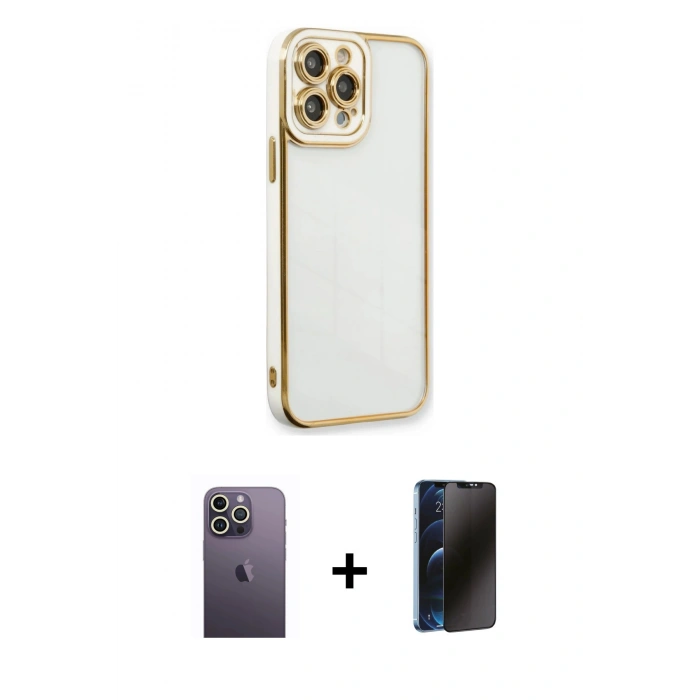 MARSİLYAN™- iPhone 13 Pro Max Kılıf Çekirdek Klasik Serisi - Siyah 3D Antistatik Hayalet Cam Ekran Koruyucu + Beyaz Neon Fosforlu Kamera Lens