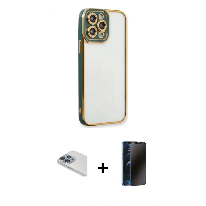 MARSİLYAN™- iPhone 13 Pro Max Kılıf Çekirdek Klasik Serisi - Siyah 3D Antistatik Hayalet Cam Ekran Koruyucu + Pers Alüminyum Kamera Lens - SABE