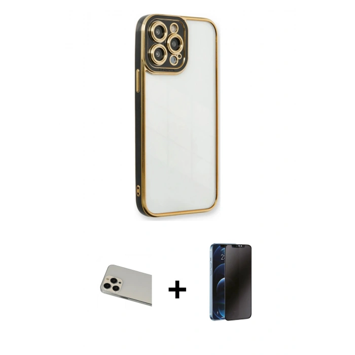 MARSİLYAN™- iPhone 13 Pro Max Kılıf Çekirdek Klasik Serisi - Siyah 3D Antistatik Hayalet Cam Ekran Koruyucu + Rainbow Kamera Lens Koruma Cam - REGD